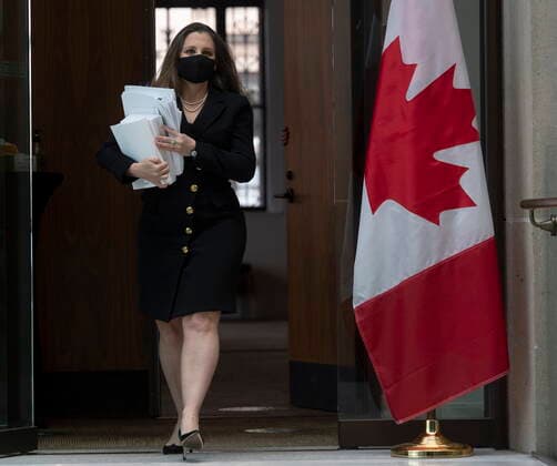 April 19, 2021, Ottawa, on, Canada: Minister of Finance Chrystia Freeland walks to a news conference in Ottawa, Monday April 19, 2021. Freeland will deliver the government s first budget since the COVID-19 pandemic began. Ottawa Canada  - ZUMAc35_ 20210419_zaf_c35_084 Copyright: xAdrianxWyldx