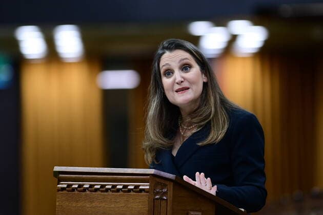 April 19, 2021, Ottawa, on, Canada: Finance Minister Chrystia Freeland delivers the federal budget in the House of Commons in Ottawa on Monday April 19, 2021. The federal government unveiled spending plans to manage the remainder of the COVID-19 crisis and chart an economic course for a post-pandemic Canada. Ottawa Canada  - ZUMAc35_ 20210419_zaf_c35_098 Copyright: xSeanxKilpatrickx