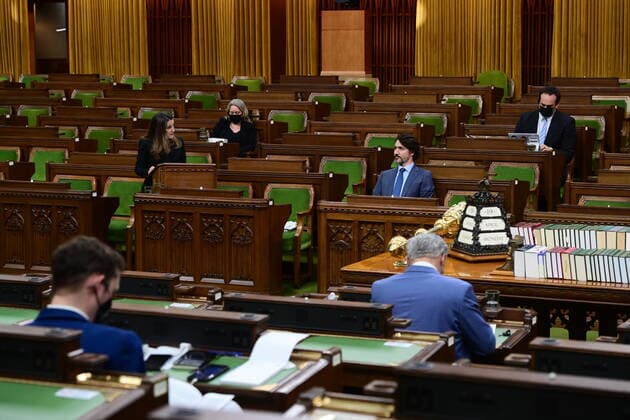 April 19, 2021, Ottawa, on, Canada: Finance Minister Chrystia Freeland, second left, delivers the federal budget in the House of Commons in Ottawa on Monday April 19, 2021. The federal government unveiled spending plans to manage the remainder of the COVID-19 crisis and chart an economic course for a post-pandemic Canada. Ottawa Canada  - ZUMAc35_ 20210419_zaf_c35_101 Copyright: xSeanxKilpatrickx