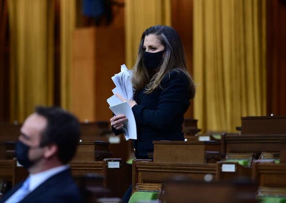 April 19, 2021, Ottawa, on, Canada: Finance Minister Chrystia Freeland arrives to deliver the federal budget in the House of Commons in Ottawa on Monday April 19, 2021. The federal government unveiled spending plans to manage the remainder of the COVID-19 crisis and chart an economic course for a post-pandemic Canada. Ottawa Canada  - ZUMAc35_ 20210419_zaf_c35_109 Copyright: xSeanxKilpatrickx