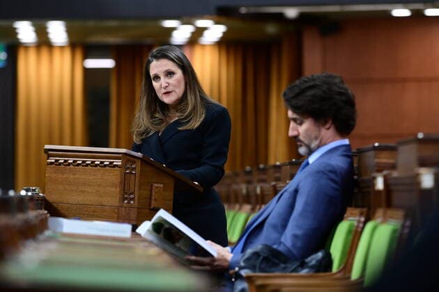 April 19, 2021, Ottawa, on, Canada: Finance Minister Chrystia Freeland delivers the federal budget in the House of Commons as Prime Minister Justin Trudeau looks on in Ottawa on Monday April 19, 2021. The federal government unveiled spending plans to manage the remainder of the COVID-19 crisis and chart an economic course for a post-pandemic Canada. Ottawa Canada  - ZUMAc35_ 20210419_zaf_c35_110 Copyright: xSeanxKilpatrickx
