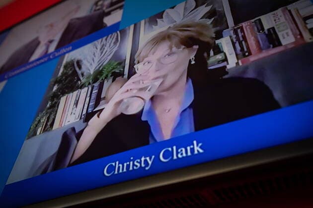 April 20, 2021, Vancouver, BC, Canada: Seen on a livestream, former B.C. premier Christy Clark takes a drink of water as she pauses while testifying remotely during the Cullen Commission into money laundering, in Vancouver, on Tuesday, April 20, 2021. Vancouver Canada  - ZUMAc35_ 20210420_zaf_c35_063 Copyright: xDarrylxDyckx