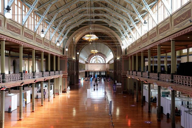 COVID19 VACCINATION ROLLOUT MELBOURNE, People attend the mass vaccination hub at the Royal Exhibition Building in Melbourne, Wednesday, April 21, 2021. Those over 70 can show up at three Victorian mass COVID-19 vaccination hubs without an appointment from Wednesday. ( NO ARCHIVING, EDITORIAL USE ONLY, NO USE IN BOOKS WITHOUT CONSENT MELBOURNE VIC AUSTRALIA  Copyright: xLUISxASCUIx 20210421001536408190