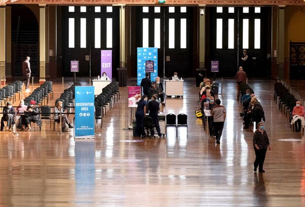 COVID19 VACCINATION ROLLOUT MELBOURNE, A general view of the mass vaccination hub at the Royal Exhibition Building in Melbourne, Wednesday, April 21, 2021. Those over 70 can show up at three Victorian mass COVID-19 vaccination hubs without an appointment from Wednesday. ( NO ARCHIVING, EDITORIAL USE ONLY, NO USE IN BOOKS WITHOUT CONSENT MELBOURNE VIC AUSTRALIA  Copyright: xLUISxASCUIx 20210421001536408294