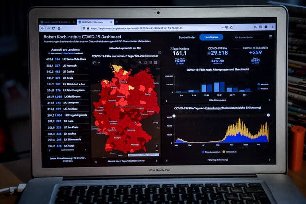 Coronavirus in Germany Covid 19 Dashboard of the Robert Koch Institute 22 04 2021 Robert Koch Institute 7 days Incidence 161.1 7 days Number of cases 134 007 COVID 19 Cases 3 217 710 Addition by 29 518 compared to the previous day COVID 19 Deaths 80 893 Addition by 259 compared to the previous day