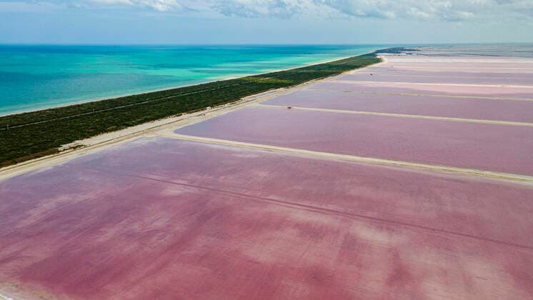Aerial of the colourful salinas of Las Coloradas, Yucatan, Mexico, North America Copyright: MichaelxRunkel 1184-5445