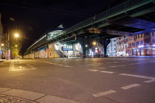 Empty streets Symbolic image of empty streets at night in Berlin at the intersection Schönhauserallee Eberswalderstrasse at the U2 Eberswalder Strasse
