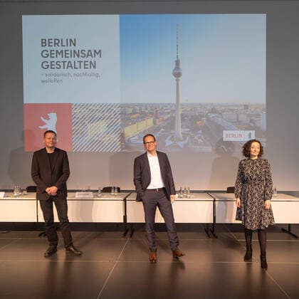 23 04 2021,Berlin,Germany,GER,Balance Press Conference Shaping Berlin together Solidary, sustainable, cosmopolitan for Berlin Klaus Lederer,Michael Müller,Ramona Pop