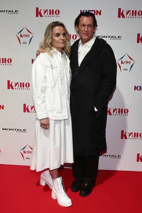 MOSCOW, RUSSIA - APRIL 23, 2021: Actor Igor Mirkurbanov with wife Maria Antipp pose for a photograph as she arrives for an Avans award ceremony at the 43rd Moscow International Film Festival. Avans is an award presented annually by Kinoreporter magazine to young film actors. Valery Sharifulin TASS  TS0FDE15