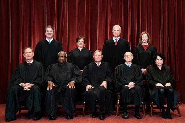 Members of the Supreme Court pose for a group photo at the Supreme Court in Washington, DC on April 23, 2021. Seated from left: Associate Justice of the Supreme Court Samuel A. Alito, Jr., Associate Justice of the Supreme Court Clarence Thomas, Chief Justice of the United States John G. Roberts, Jr., Associate Justice of the Supreme Court Stephen G. Breyer, and Associate Justice of the Supreme Court Sonia Sotomayor, Standing from left: Associate Justice of the Supreme Court Brett Kavanaugh, Associate Justice of the Supreme Court Elena Kagan, Associate Justice of the Supreme Court Neil M. Gorsuch and Associate Justice of the Supreme Court Amy Coney Barrett. Copyright: xPoolxviaxCNPx MediaPunchx