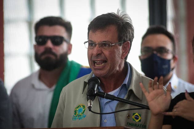 BELÉM, PA - 23.04.2021: BOLSONARO ENTREGA ALIMENTOS EM BELÉM - President Jair Bolsonaro (without a party) delivers food this Friday (23) in Belém do Pará. The event takes place at Belém Air Force Base and is part of the Brasil Fraterno initiative, which aims to serve needy families in regions of social crisis. In the photo, Marcelo Álvaro Antônio, Minister of Tourism. x2057145x  FilipexBispo