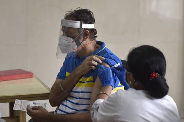 NOIDA, INDIA - APRIl 23: A man above the age of 45 being vaccinated against Covid-19, at a district hospital in sector 30, on April 23, 2021 in Noida, India. (Photo by Sunil Ghosh Hindustan Times) 4th Phase Of Covid-19 Vaccination