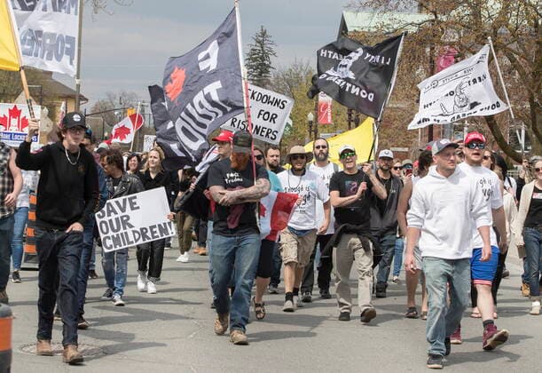April 24, 2021, Peterborough, on, Canada: Demonstrators march at a protest against government measures to curb the spread of COVID-19, in Peterborough, Ont., Saturday, April 24, 2021. Peterborough Canada  - ZUMAc35_ 20210424_zaf_c35_031 Copyright: xFredxThornhillx
