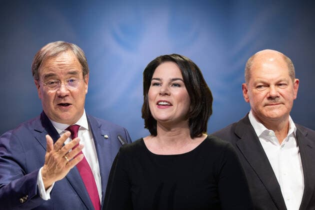 PHOTOMONTAGE The candidates for chancellor for the federal election 2021 from left Armin LASCHET CDU ,Annalena BAERBOCK, Buendnis 90 die Gruenen ,Olaf SCHOLZ SPD