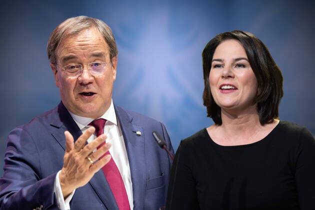 PHOTOMONTAGE The chancellor candidates of CDU CSU and Buendnis90 dieGruenen for the federal election 2021 from left Armin LASCHET CDU ,Annalena BAERBOCK, Buendnis 90 die Gruenen