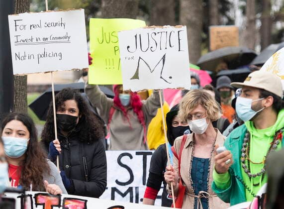 April 25, 2021, Montreal, PQ, Canada: People take part in a demonstration against police brutality in Montreal, Sunday, April 25, 2021. Montreal Canada  - ZUMAc35_ 20210425_zaf_c35_013 Copyright: xGrahamxHughesx