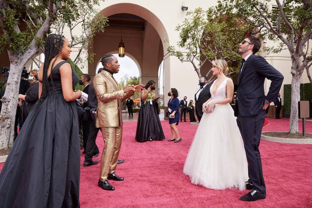 OscarÂ® nominees Leslie Odom, Jr. (2nd from L), and Maria Bakalova (3rd from L) and guests arrive on the red carpet of The 93rd OscarsÂ® at Union Station in Los Angeles, CA on Sunday, April 25, 2021. Los Angeles CA USA  Copyright: xMattxSaylesx 34135555THA