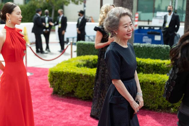 OscarÂ® nominee Yuh-Jung Youn (R) arrives with Han Ye-ri on the red carpet of The 93rd OscarsÂ® at Union Station in Los Angeles, CA on Sunday, April 25, 2021. Los Angeles CA USA  Copyright: xMattxSaylesx 34135576THA