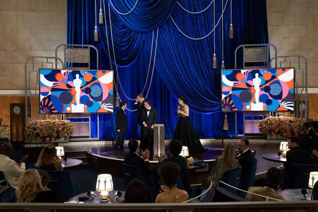 Jaime Baksht, Carlos CortÃ s, Phillip Bladh, Michelle Couttolenc, and Nicolas Becker (on screen) accept the OscarÂ® for Sound during the live ABC Telecast of The 93rd OscarsÂ® at Union Station in Los Angeles, CA on Sunday, April 25, 2021. Los Angeles CA USA  Copyright: xToddxWawrychukx 34135679THA