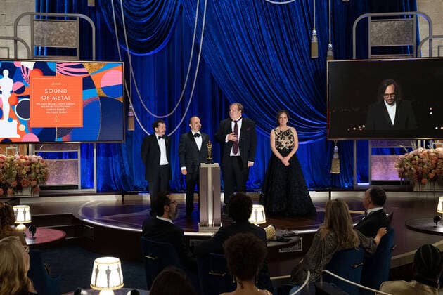Nicolas Becker (on screen), Jamie Baksht, Michelle Couttolenc (R), Carlos CortÃ s and Phillip Bladh accept the OscarÂ® for Sound during the live ABC Telecast of The 93rd OscarsÂ® at Union Station in Los Angeles, CA on Sunday, April 25, 2021. Los Angeles CA USA  Copyright: xToddxWawrychukx 34135746THA