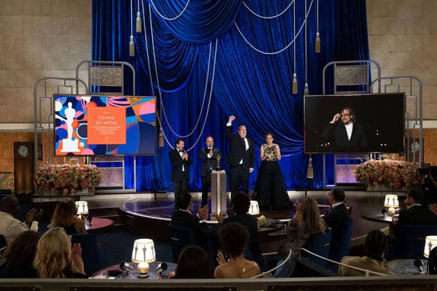 Jaime Baksht, Carlos CortÃ s, Phillip Bladh, Michelle Couttolenc, and Nicolas Becker (on screen) accept the OscarÂ® for Sound during the live ABC Telecast of The 93rd OscarsÂ® at Union Station in Los Angeles, CA on Sunday, April 25, 2021. Los Angeles CA USA  Copyright: xToddxWawrychukx 34135747THA