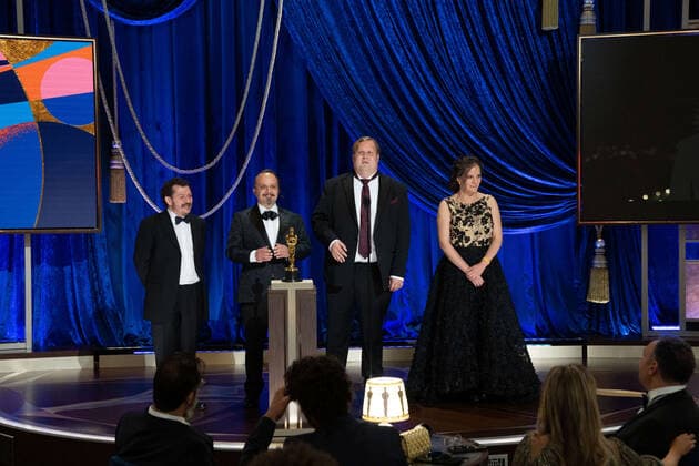 Nicolas Becker (screen), Jaime Baksht (L), Michelle Couttolenc, Carlos CortÃ s and Phillip Bladh accept the OscarÂ® for Sound during the live ABC Telecast of The 93rd OscarsÂ® at Union Station in Los Angeles, CA on Sunday, April 25, 2021. Los Angeles CA USA  Copyright: xToddxWawrychukx 34135761THA