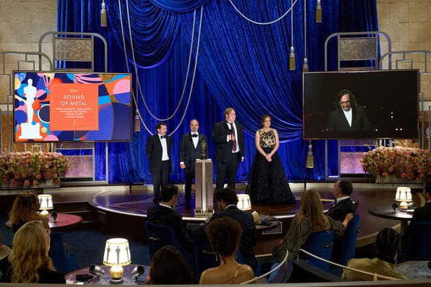 Jamie Baksht, Carlos CortÃ s, Phillip Bladh, Michelle Couttolenc, and Nicolas Becker (on screen) accept the OscarÂ® for Sound during the live ABC Telecast of The 93rd OscarsÂ® at Union Station in Los Angeles, CA on Sunday, April 25, 2021. Los Angeles CA USA  Copyright: xToddxWawrychukx 34135790THA