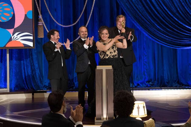 Jaime Baksht, Carlos CortÃ s, Phillip Bladh, Michelle Couttolenc, and Nicolas Becker (on screen) accept the Oscars for Sound during the live ABC Telecast of The 93rd Oscars at Union Station in Los Angeles, CA on Sunday, April 25, 2021. Los Angeles CA USA  Copyright: xToddxWawrychukx 34135966THA