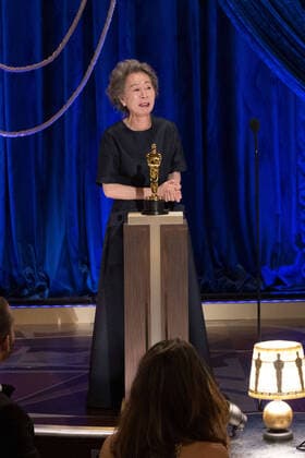 Yuh-Jung Youn accepts the Oscars for Actress in a Supporting Role during the live ABC Telecast of The 93rd Oscars at Union Station in Los Angeles, CA on Sunday, April 25, 2021. Los Angeles CA USA  Copyright: xToddxWawrychukx 34135971THA