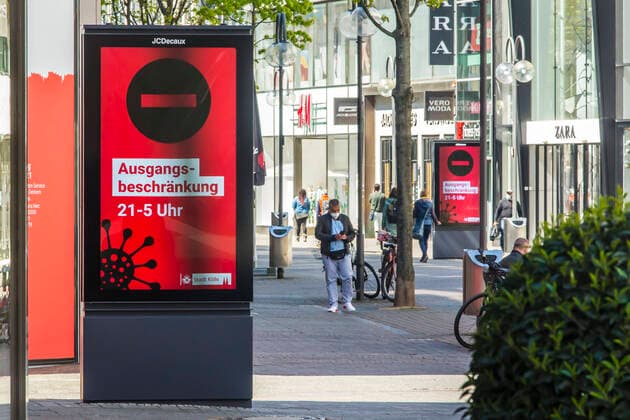 Few people are out shopping in downtown Cologne during the April 2021 corona pandemic Most shops are closed Cologne