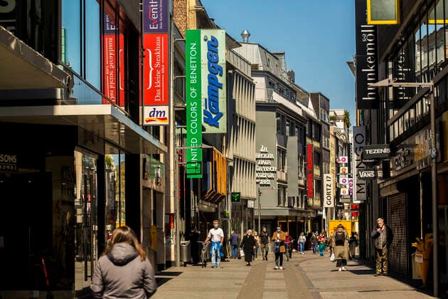 Few people are out shopping here on Hohe Straße in downtown Cologne during the corona pandemic in April 2021 Most shops are closed Cologne