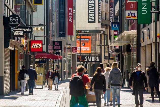 Few people are out shopping here on Hohe Straße in downtown Cologne during the corona pandemic in April 2021 Most shops are closed Cologne