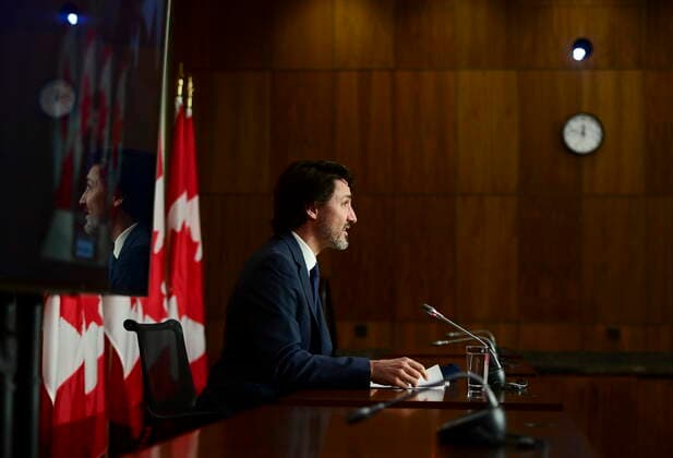 April 27, 2021, Ottawa, on, Canada: Prime Minister Justin Trudeau holds a press conference in Ottawa on Tuesday, April 27, 2021, during the COVID-19 pandemic. Ottawa Canada  - ZUMAc35_ 20210427_zaf_c35_014 Copyright: xSeanxKilpatrickx