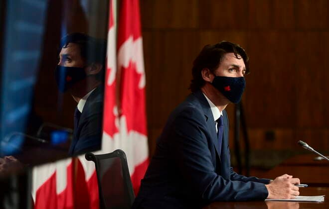 April 27, 2021, Ottawa, on, Canada: Prime Minister Justin Trudeau holds a press conference in Ottawa on Tuesday, April 27, 2021, during the COVID-19 pandemic. Ottawa Canada  - ZUMAc35_ 20210427_zaf_c35_015 Copyright: xSeanxKilpatrickx