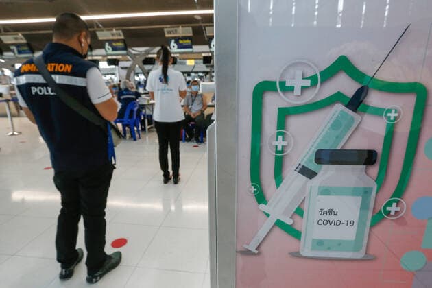 April 28, 2021, Bangkok, Thailand: A sign seen at the vaccination centre at Suvarnabhumi airport..Ministry of Public Health and the Airport Operation Centre set up a new vaccination centre to remedy the Covid 19 emergency situation and efficiency of vaccination for aviation-related personnel. Bangkok Thailand - ZUMAs197 20210428_zaa_s197_022 Copyright: xChaiwatxSubprasomx