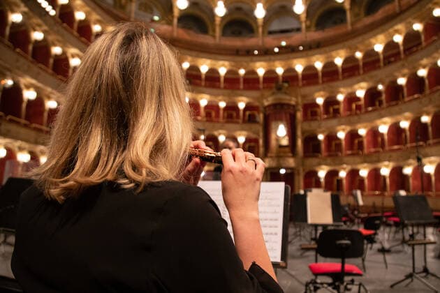 Italy: Reopening of Rome Opera House Rehearsal of orchestra before the start of reopening concert of Rome Opera House . After six months of closure, this evening, April 28, 2021, Rome Opera House reopens to the public with a symphonic concert conducted by Michele Mariotti entirely dedicated to Giuseppe Verdi Rome Italy Copyright: MatteoxNardone