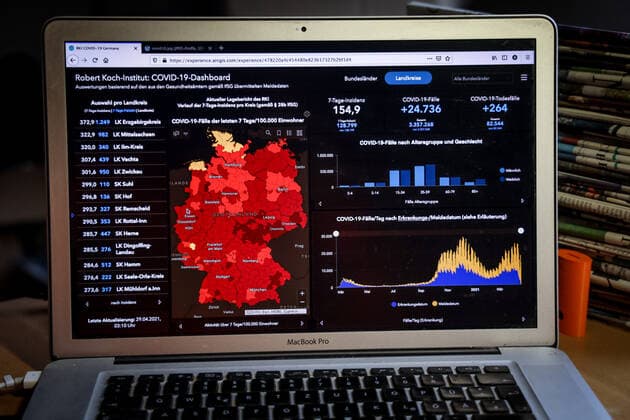 Coronavirus in Germany Covid 19 Dashboard of the Robert Koch Institute 29 04 2021 Robert Koch Institute 7 days Incidence 154.9 7 days Number of cases 128 799 COVID 19 cases 3 357 268 Addition of 24 736 compared to previous day COVID 19 deaths 82 544 Addition of 264 compared to previous day