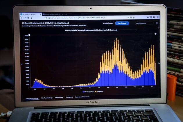 Coronavirus in Germany Covid 19 Dashboard of the Robert Koch Institute 29 04 2021 Robert Koch Institute 7 days Incidence 154.9 7 days Number of cases 128 799 COVID 19 cases 3 357 268 Addition of 24 736 compared to previous day COVID 19 deaths 82 544 Addition of 264 compared to previous day