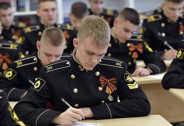 MURMANSK, RUSSIA â€“ APRIL 29, 2021: Cadets take a history competence test on World War II, Victory Dictation, at Murmansk Nakhimov Naval School. Lev Fedoseyev TASS  TS0FE7FB