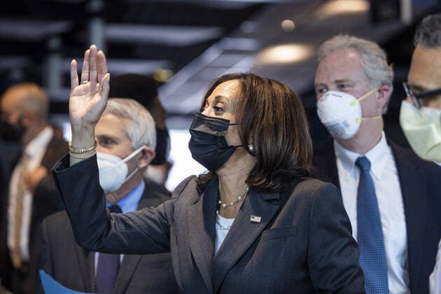 Vice President Kamala Harris speaks while visiting the M&T Bank Stadium Mass Vaccination Site on her 100th day in office in Baltimore, Maryland, on Thursday, April 29, 2021.  BAL20210429105 JIMxLOxSCALZO