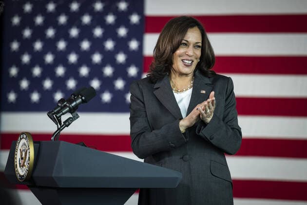 Vice President Kamala Harris speaks while visiting the M&T Bank Stadium Mass Vaccination Site on her 100th day in office in Baltimore, Maryland, on Thursday, April 29, 2021.  BAL2021042910111 JIMxLOxSCALZO