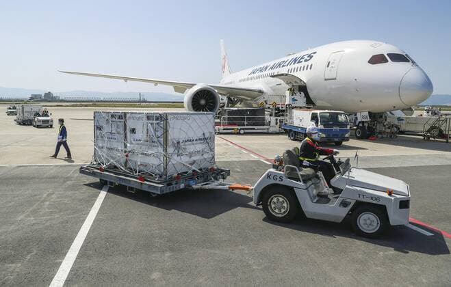 1st batch of Moderna COVID-19 vaccine arrives in Japan Photo taken at Kansai airport in Osaka Prefecture on April 30, 2021, shows cargo containing the first Japan-allocated batch of Moderna Inc. s COVID-19 vaccine unloaded from a Japan Airlines plane upon its arrival from Belgium. 