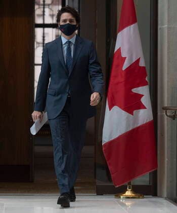 April 30, 2021, Ottawa, on, Canada: Prime Minister Justin Trudeau makes his way to a news conference in Ottawa, Friday April 30, 2021. Ottawa Canada  - ZUMAc35_ 20210430_zaf_c35_042 Copyright: xAdrianxWyldx