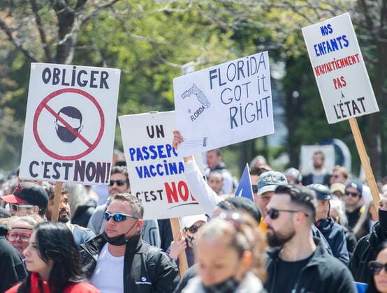 May 1, 2021, Montreal, PQ, Canada: People take part in a demonstration opposing the Quebec governmentÃ¢â‚¬â ¢s measures to help curb the spread of COVID-19 in Montreal, Saturday, May 1, 2021. Montreal Canada  - ZUMAc35_ 20210501_zaf_c35_046 Copyright: xGrahamxHughesx