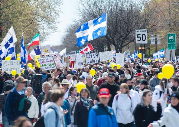 May 1, 2021, Montreal, PQ, Canada: People take part in a demonstration opposing the Quebec governmentÃ¢â‚¬â ¢s measures to help curb the spread of COVID-19 in Montreal, Saturday, May 1, 2021. Montreal Canada  - ZUMAc35_ 20210501_zaf_c35_049 Copyright: xGrahamxHughesx