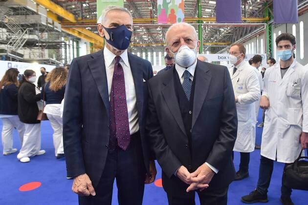 Photo IPP Felice De Martino Naples 02 05 2021 Chronicle Inauguration hub vaccine intercompany Capodichino hangar Atitech In the photo Giovanni Lettieri President Atitech and Vincenzo De Luca President Campania Region Italy Photo Press World  0