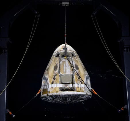 May 2, 2021, Panama City, Florida, USA: The SpaceX Crew Dragon Resilience spacecraft is lifted onto the GO Navigator recovery ship after it landed with NASA astronauts Mike Hopkins, Shannon Walker, and Victor Glover, and Japan Aerospace Exploration Agency (JAXA) astronaut Soichi Noguchi aboard in the Gulf of Mexico off the coast of Panama City, Florida, Sunday, May 2, 2021. NASA™s SpaceX Crew-1 mission was the first crew rotation flight of the SpaceX Crew Dragon spacecraft and Falcon 9 rocket with astronauts to the International Space Station as part of the agency™s Commercial Crew Program. .Mandatory Credit: NASA via CNP Panama City USA - ZUMAs152 20210502_zaa_s152_002 Copyright: xBillxIngallsx