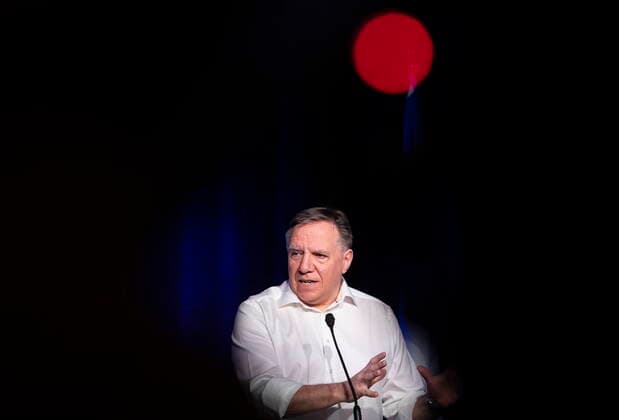 May 2, 2021, Montreal, PQ, Canada: Quebec Premier Francois Legault speaks during a news conference following a meeting with union leaders in Montreal, Sunday, May 2, 2021. Montreal Canada  - ZUMAc35_ 20210502_zaf_c35_013 Copyright: xGrahamxHughesx