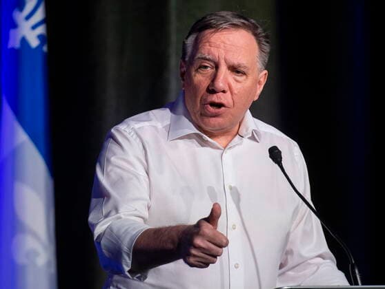 May 2, 2021, Montreal, PQ, Canada: Quebec Premier Francois Legault speaks during a news conference following a meeting with union leaders in Montreal, Sunday, May 2, 2021. Montreal Canada  - ZUMAc35_ 20210502_zaf_c35_016 Copyright: xGrahamxHughesx