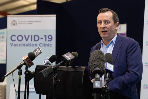 MARK MCGOWAN COVID19 VACCINATION, WA Premier Mark McGowan is seen during press conference at a mass vaccination centre at Claremont Showgrounds in Perth, Monday, May 2, 2021. From today over-50s are eligible for the Covid-19 immunisation program at two mass public vaccination clinics in Perth. ( NO ARCHIVING, EDITORIAL USE ONLY, NO USE IN BOOKS WITHOUT CONSENT PERTH WA AUSTRALIA  Copyright: xRICHARDxWAINWRIGHTx 20210503001539403970
